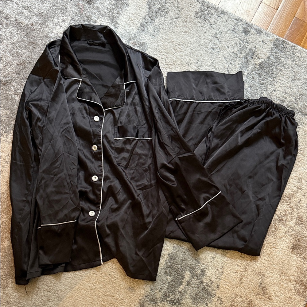Black Satin- like Pajama Set with White Piping